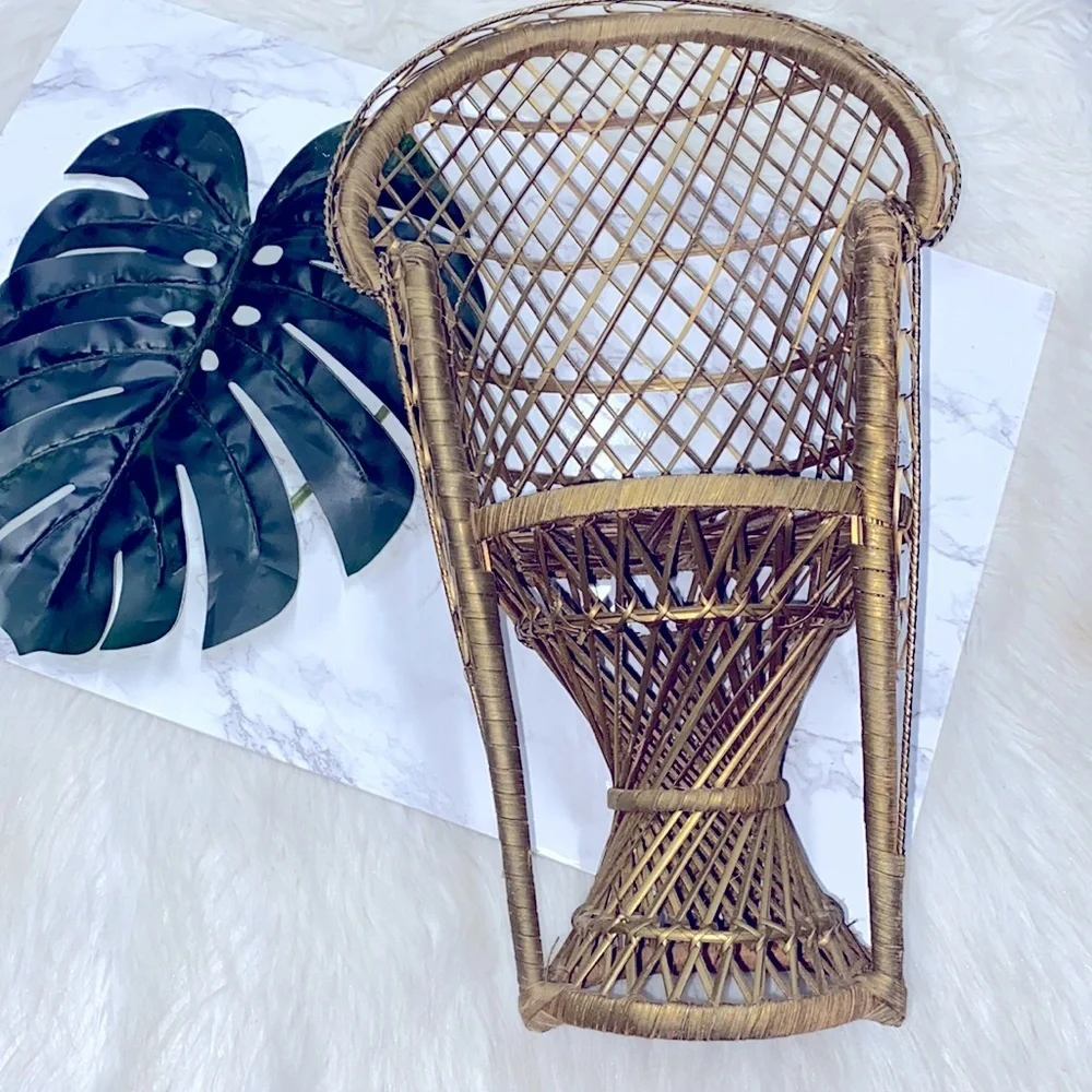 Boho straw rattan tiny chair for plants, decor etc